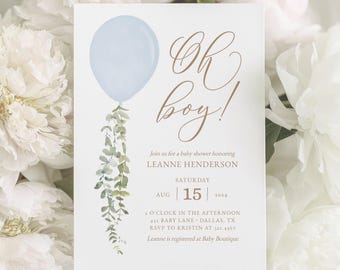 Blue Balloon Baby Shower Invitation Template, Editable Oh Boy Watercolor Balloon Eucalyptus Shower Invite