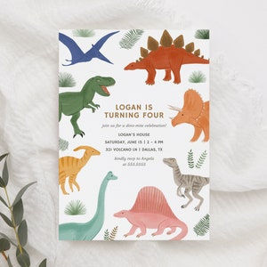 Dinosaur Birthday Invitation, Rainbow Dinosaur Kids Birthday Party Invite, Printable Invitation, Editable Template, T-Rex, Triceratops image 4