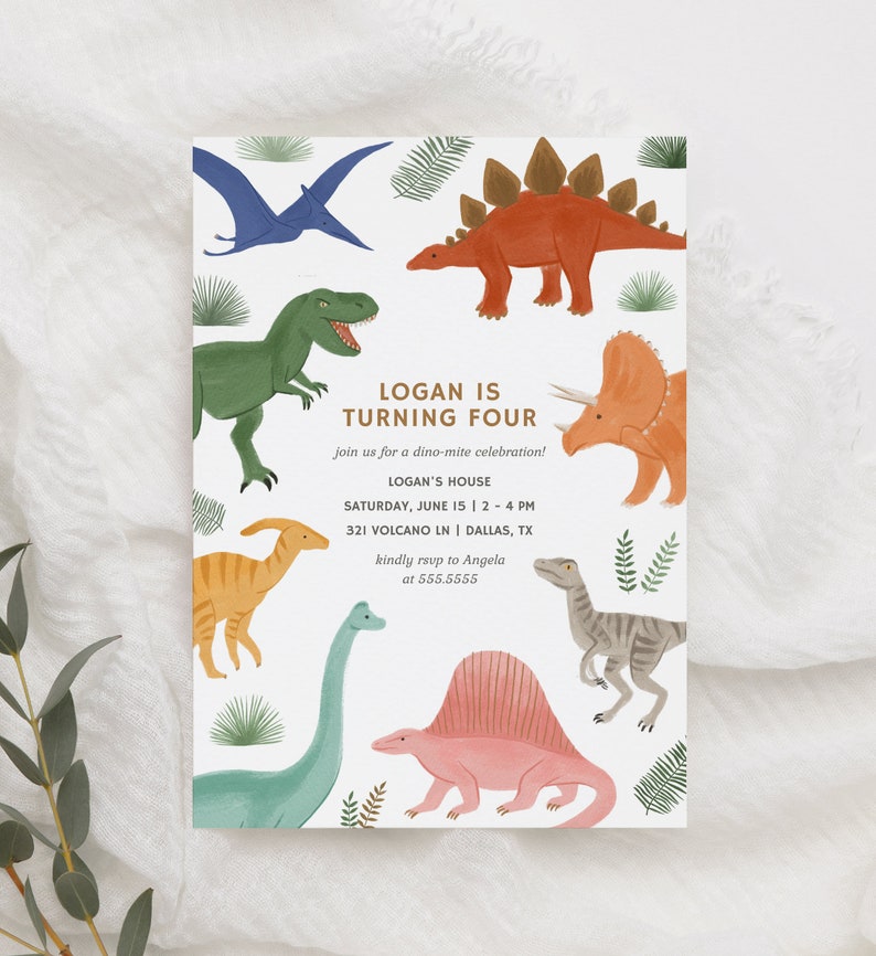 Dinosaur Birthday Invitation, Rainbow Dinosaur Kids Birthday Party Invite, Printable Invitation, Editable Template, T-Rex, Triceratops image 4