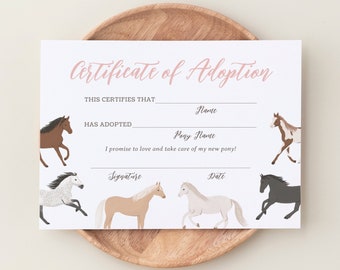 May include: A printable certificate of adoption for a pony. The certificate has lines for the adopter's name, the pony's name, a signature, and a date. The certificate is decorated with illustrations of ponies.