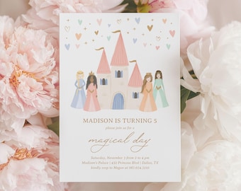 May include: A princess-themed invitation card with a castle illustration, featuring princesses in gowns. The text reads "MADISON IS TURNING 5" and "magical day". Pastel hearts and floral accents surround the card, perfect for a birthday celebration.