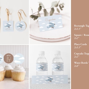 May include: Printable party decorations for a baby shower or birthday party with a blue airplane theme. The set includes cupcake toppers, water bottle wraps, place cards, square and round tags, and rectangle tags. All items are 2x2 inches or 2x3.5 inches except for the water bottle wraps which are 2x8 inches.