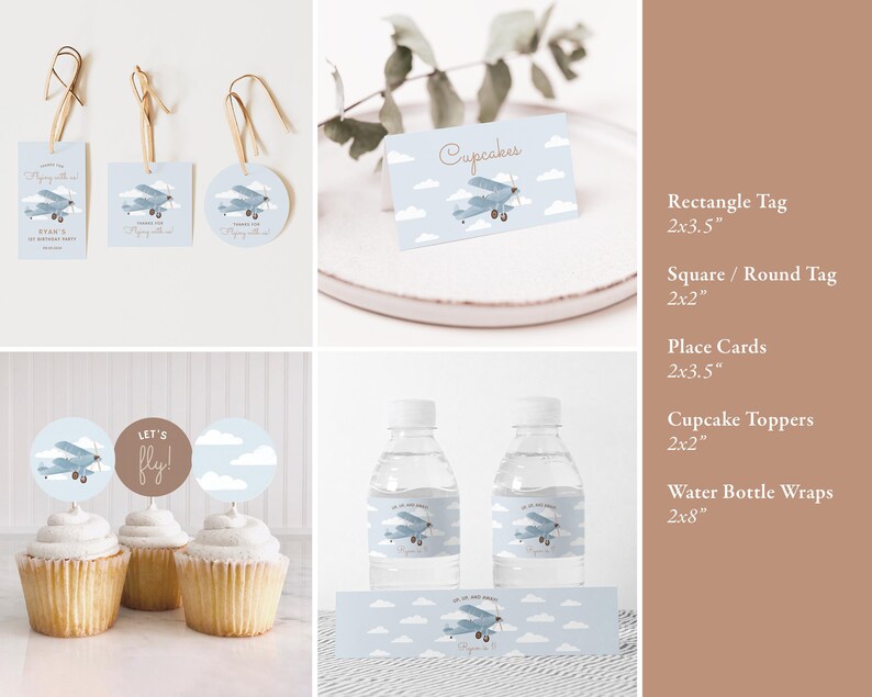 May include: Printable party decorations for a baby shower or birthday party with a blue airplane theme. The set includes cupcake toppers, water bottle wraps, place cards, square and round tags, and rectangle tags. All items are 2x2 inches or 2x3.5 inches except for the water bottle wraps which are 2x8 inches.