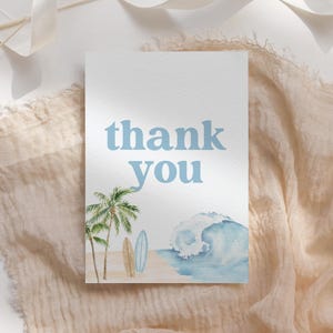 Modèle de carte de remerciement pour baby shower de planche de surf, carte de remerciement pliée bébé à bord imprimable, surf côtier de plage, téléchargement numérique