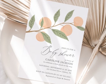 Peach Baby Shower Invitation Template, A Little Peach on the Way Baby Shower Invite, Summer Peach Girl Baby Shower, DIGITAL DOWNLOAD