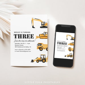 Construction Vehicles Birthday Invitation, Construction Site Birthday Party Invite, Dump Truck Excavator Bulldozer Birthday image 2