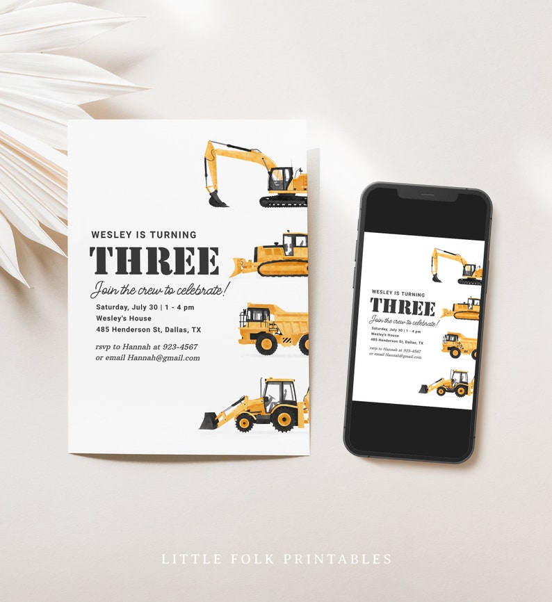 Construction Vehicles Birthday Invitation, Construction Site Birthday Party Invite, Dump Truck Excavator Bulldozer Birthday image 2