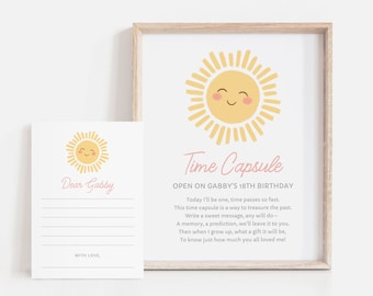 May include: A printable time capsule for a child's 18th birthday. The printable features a smiling sun illustration and the text "Time Capsule, Open on Gabby's 18th Birthday". The printable includes instructions for writing a message to be opened on the 18th birthday.