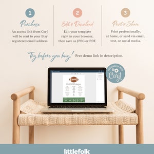 May include: A laptop computer displaying a printable football-themed party sign with the text "GRAYSON'S 1st play-off". The sign is on a green background with white text and a brown football graphic. The laptop is on a wooden bench with a light brown wicker seat. The image includes the text "Try before you buy! Free demo link in description." and "PERSONALIZE WITH Coryl".