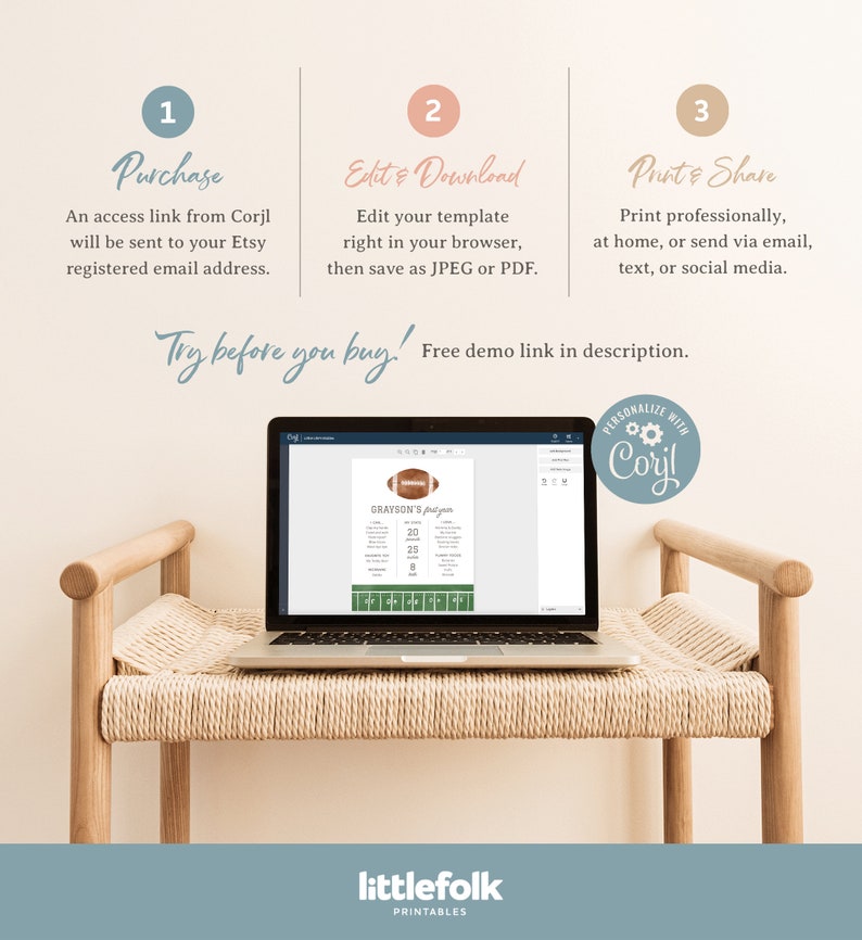 May include: A laptop computer displaying a printable football-themed party sign with the text "GRAYSON'S 1st play-off". The sign is on a green background with white text and a brown football graphic. The laptop is on a wooden bench with a light brown wicker seat. The image includes the text "Try before you buy! Free demo link in description." and "PERSONALIZE WITH Coryl".