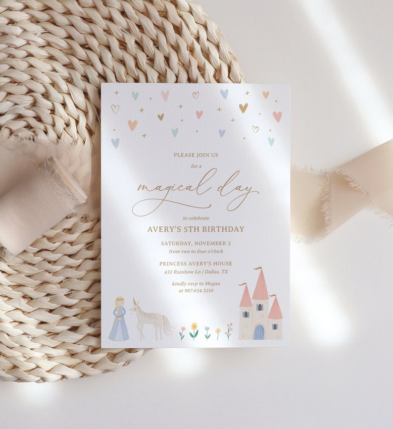 May include: A pink and blue invitation with a castle and unicorn illustration. The invitation is for Avery's 5th birthday party, which will be held on Saturday, November 3 from 2:00 to 4:00 PM at Princess Avery's House, 432 Rainbow Ln, Dallas, TX. RSVP to Megan at 987.654.3210.