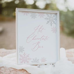 Panneau de barre de chocolat chaud anniversaire flocon de neige rose, panneau imprimable de barre de chocolat chaud hiver Onederland, téléchargement numérique