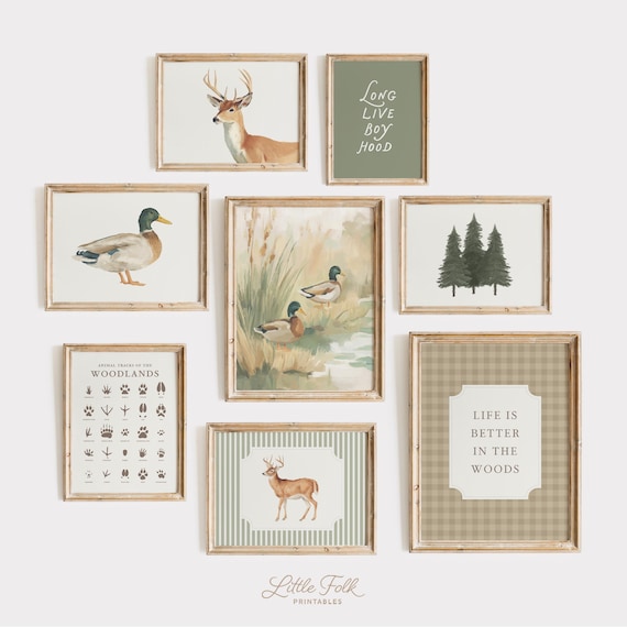 Vintage Hunting Nursery Wall Art, Woodland Nursery Digital Prints, Sage Green Mallard Duck Boys Room Decor
