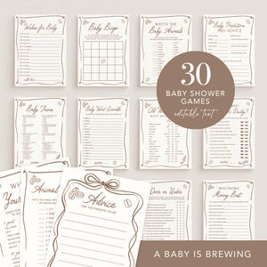 Puede incluir: Un conjunto de 30 juegos para baby shower con texto editable, incluyendo Baby Bingo y Baby Trivia. El diseño utiliza una paleta de colores neutros con bordes decorativos. El texto incluye "A Baby is Brewing".