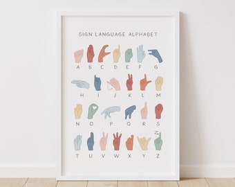 American Sign Language Poster, Printable ASL Alphabet Wall Art, Rainbow Classroom Decor, Homeschool Decor, DIGITAL DOWNLOAD