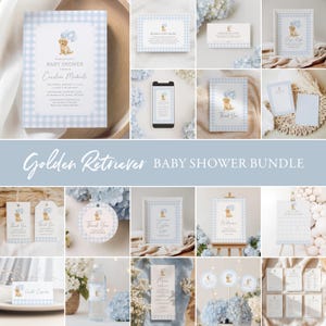 May include: A baby shower bundle with a golden retriever theme. The set includes invitations, thank you cards, and signs, all featuring a light blue gingham pattern and a cartoon dog illustration. The text "Baby Shower" and "Thank You" are visible.