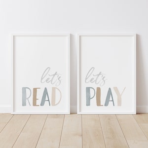 Let&#39;s Read Let&#39;s Play Set of 2 Prints, PRINTABLE Playroom Wall Art, Neutral Nursery Decor, Boys Room Decor, DIGITAL DOWNLOAD