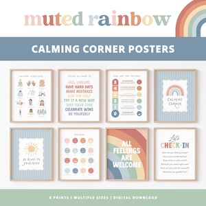 Op de afbeelding: Een set van acht ingelijste posters getiteld Muted Rainbow Calming Corner Posters. De prints bevatten educatieve en emotionele ondersteuningsthema's met gedempte regenboogkleuren, waaronder kalmeringsstrategieën en gevoelensgrafieken.