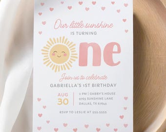 Sunshine 1st Birthday Party Invitation Template, Editable Little Sunshine First Birthday Invite, Pink Yellow Happy Sun, DIGITAL DOWNLOAD