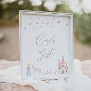 Placa de cartões e presentes de aniversário de princesa, placa de mesa para festa de aniversário de menina do castelo da princesa para impressão, DOWNLOAD DIGITAL