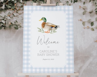 Blue Gingham Duck Baby Shower Welcome Sign, Mallard Duck Boy Baby Shower Welcome Sign, Printable Welcome Sign Template, DIGITAL DOWNLOAD