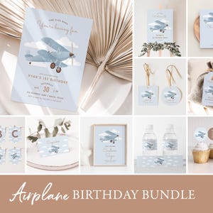 May include: Airplane themed birthday party printable bundle with blue and brown colors. Includes invitations, banners, cupcake toppers, favor tags, water bottle labels, and a welcome sign. The text on the invitation reads "Time flies when you're having fun. Ryan's 1st Birthday. Saturday, 30. 2 PM. 321 Runway Lane | Waco, Texas.  RSVP by May 1 at [email protected]"