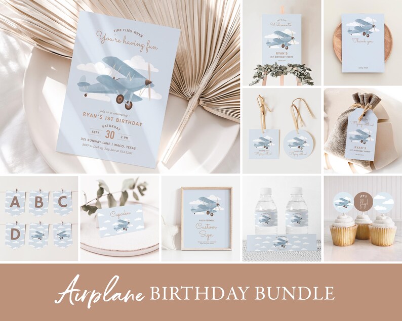 May include: Airplane themed birthday party printable bundle with blue and brown colors. Includes invitations, banners, cupcake toppers, favor tags, water bottle labels, and a welcome sign. The text on the invitation reads "Time flies when you're having fun. Ryan's 1st Birthday. Saturday, 30. 2 PM. 321 Runway Lane | Waco, Texas.  RSVP by May 1 at [email protected]"