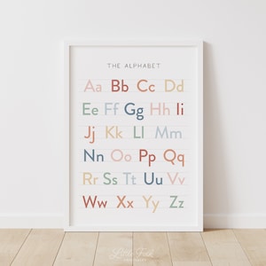 Regenboog alfabet poster, handschrift grafiek print, educatieve afdrukbare muur kunst, regenboog klas decor, terug naar school, digitale download