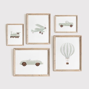 Green Vintage Travel Boy Nursery Wall Art, Printable Transportation Nursery Decor, Hot Air Balloon Plane Train Prints, DIGITAL DOWNLOAD