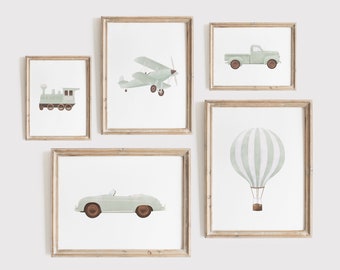 Green Vintage Travel Boy Nursery Wall Art, Printable Transportation Nursery Decor, Hot Air Balloon Plane Train Prints, DIGITAL DOWNLOAD