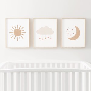 Neutral Wolke Mond und Sonne Drucke, Neutral Kinderzimmer Dekor, Mädchen Zimmer Dekor, DRUCKBARE Wand Kunst, DIGITAL DOWNLOAD