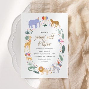 Editable Young Wild and Three 3rd Birthday Party Invitation, Jungle Safari Animals Birthday Party Invite Template, DIGITAL DOWNLOAD image 6