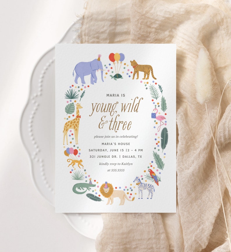Editable Young Wild and Three 3rd Birthday Party Invitation, Jungle Safari Animals Birthday Party Invite Template, DIGITAL DOWNLOAD image 6