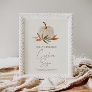 Plantilla de letrero personalizado para baby shower con forma de calabaza, letrero personalizable para baby shower de otoño imprimible, DESCARGA DIGITAL