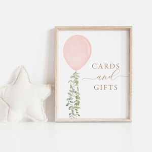 Roze ballon baby shower kaarten en geschenken teken, afdrukbare aquarel ballon cadeau tafel teken, digitale DOWNLOAD