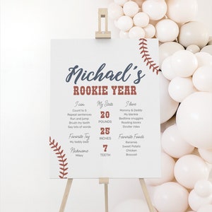 Sinal editável de marco para festa de aniversário de beisebol, modelo de estatísticas para primeiro ano de estreia, primeiro segundo ano para impressão, DOWNLOAD DIGITAL