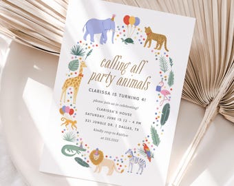 Party Animals Birthday Invitation, Jungle Safari Birthday Party Invite, Template, Calling All Party Animals, DIGITAL DOWNLOAD