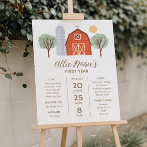 Editable Farm Birthday Milestone Sign, Printable Barnyard Animals First Year Stats Template (Digital Download) image 2