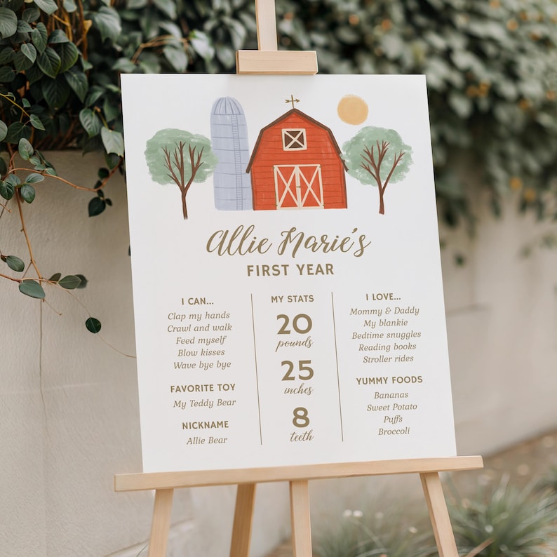 Editable Farm Birthday Milestone Sign, Printable Barnyard Animals First Year Stats Template (Digital Download) image 2