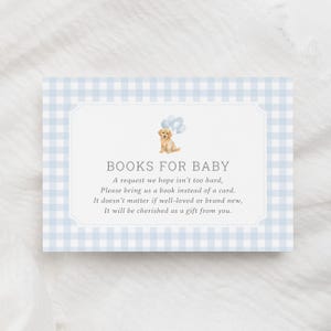 Modèle de carte de livres pour bébé Golden Retriever, demande de livre pour baby shower chien Vichy bleu imprimable, ballons bleus, TÉLÉCHARGEMENT NUMÉRIQUE