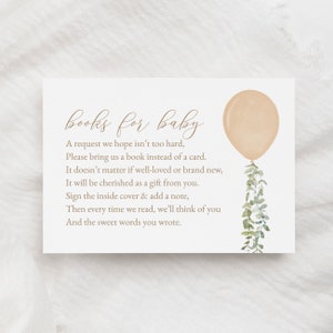 Libri con palloncini dorati per modello di biglietto per bambini, inserto per richiesta di libro per baby shower con palloncino acquerello, modello stampabile, DOWNLOAD DIGITALE