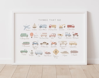 Transportation Alphabet Poster, Printable Vehicle ABC Print, Transportation Kids Room Decor, Nursery Wall Art, DIGITAL DOWNLOAD