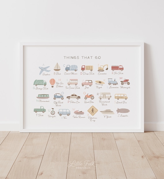 Transportation Alphabet Poster, Printable Vehicle ABC Print, Transportation Kids Room Decor, Nursery Wall Art, DIGITAL DOWNLOAD
