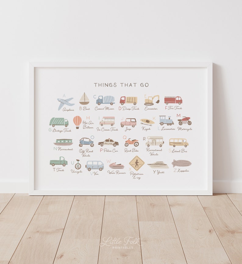 May include: A colourful alphabet chart featuring illustrations of various vehicles and modes of transport, such as an aeroplane, boat, cement mixer, dump truck, excavator, fire engine, hot air balloon, ice cream van, jeep, kayak, locomotive, motorbike, narrowboat, off-road vehicle, police car, road bike, recreational vehicle, school bus, lorry, unicycle, van, water ski, pedestrian crossing sign, yacht, and zeppelin. The chart is titled "Things That Go".