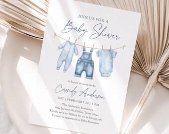 May include: Baby shower invitation with watercolor illustrations of baby clothes hanging on a clothesline. The invitation text reads "Join us for a Baby Shower" and includes the name "Cassidy Anderson" and event details.