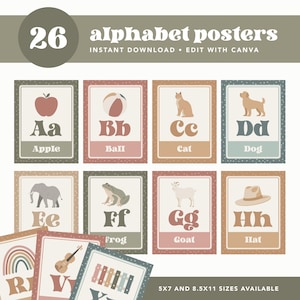 May include: A collection of 26 alphabet posters featuring illustrations of an apple, ball, cat, dog, elephant, frog, goat, and hat. The posters are in a neutral colour palette with the text "alphabet posters" and "instant download edit with canva".