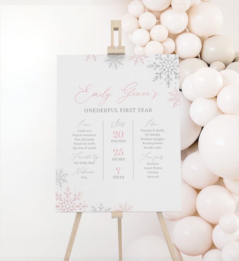 Editable Winter Onederland Birthday Milestone Sign, Pink Glitter Snowflake First Year Stats Template image 1