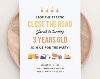 Construction Birthday Invitation,  Construction Vehicles Boy Birthday Party Invite, Printable Invitation, Editable Template