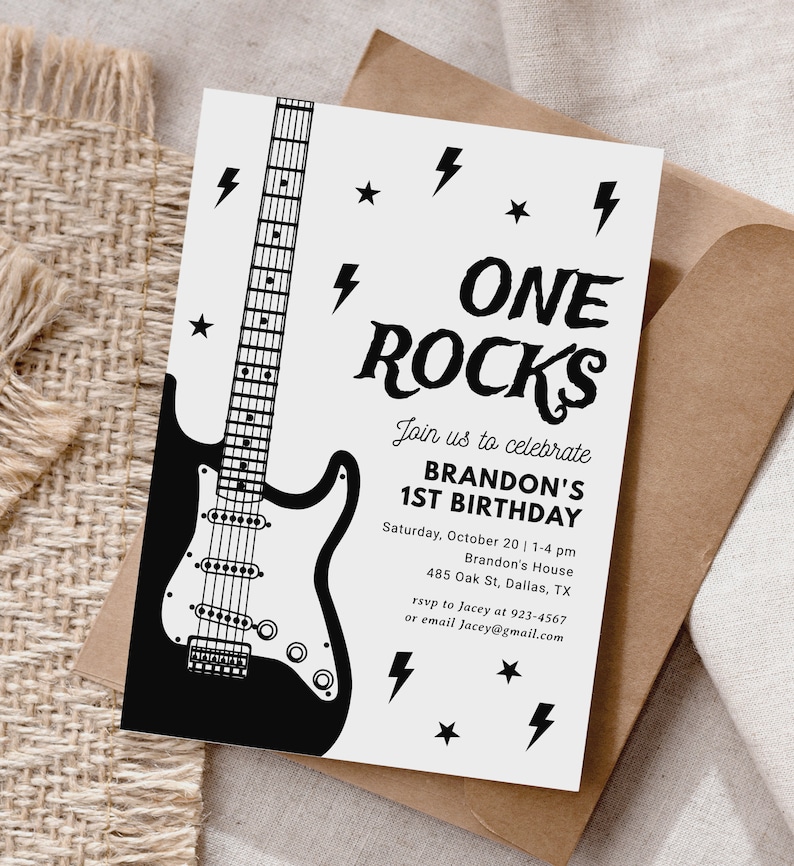 One Rocks First Birthday Editable Rock and Roll Birthday Invitation Template, One Rocks 1st ...