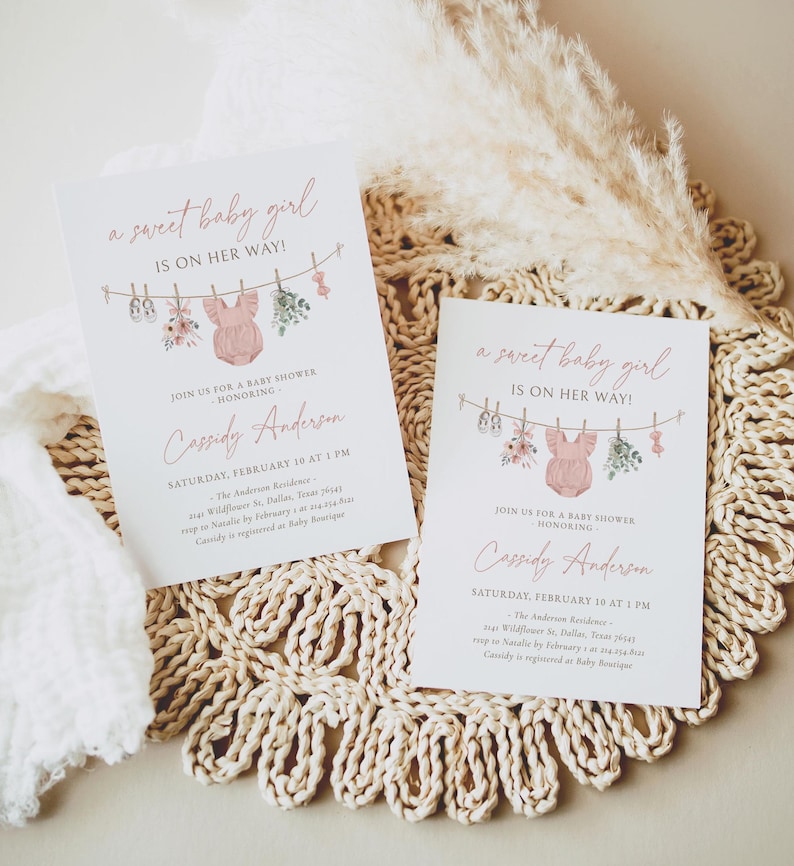 May include: A pink and white baby shower invitation with a floral design and the text "a sweet baby girl is on her way!"  Join us for a baby shower honoring Cassidy Anderson. Saturday, February 10 at 1 PM. The Anderson Residence, 2147 Wildflower St, Dallas, Texas 75143. RSVP to Natalie by February 1 at 214-514-8123. Cassidy is registered at Baby Boutique.